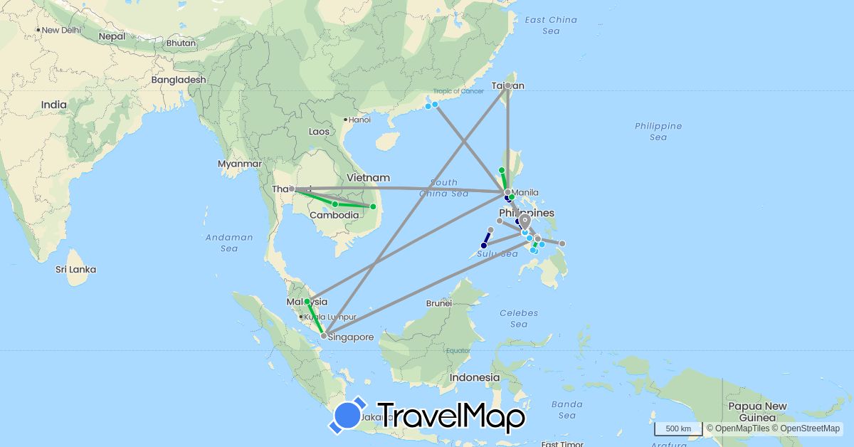 TravelMap itinerary: driving, bus, plane, boat in China, Cambodia, Malaysia, Philippines, Singapore, Thailand, Taiwan, Vietnam (Asia)